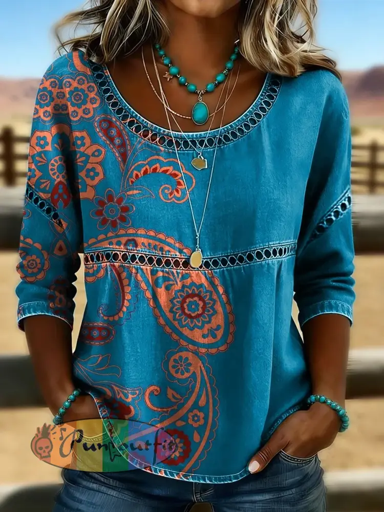 Women’s Western Vintage Floral Print Casual O-Neck Top
