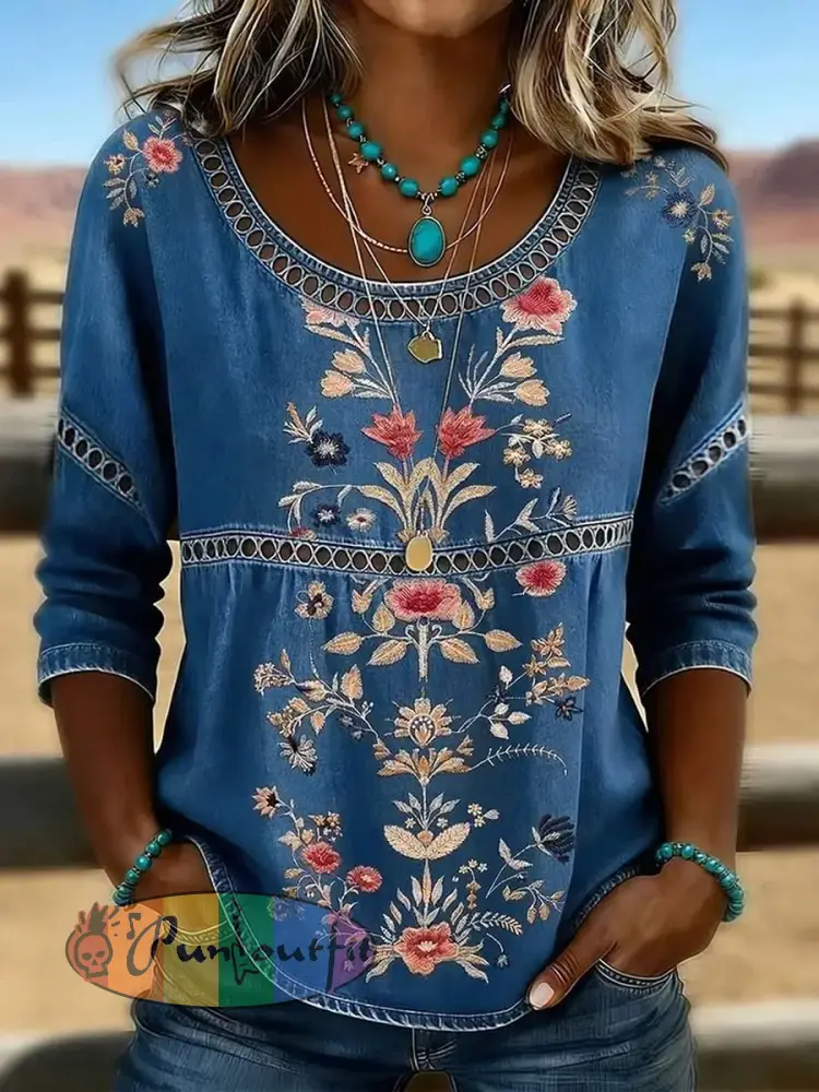 Women’s Western Vintage Floral Print Casual O-Neck Top