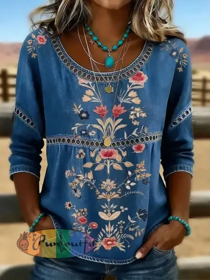 Women’s Western Vintage Floral Print Casual O-Neck Top