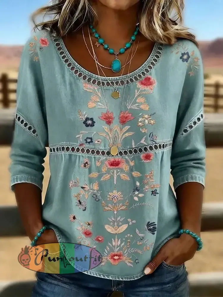 Women’s Western Vintage Floral Print Casual O-Neck Top