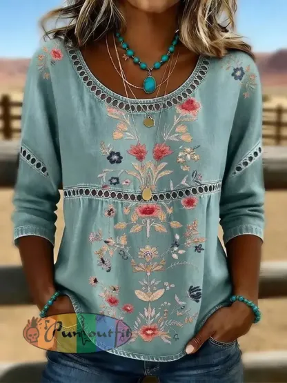 Women’s Western Vintage Floral Print Casual O-Neck Top