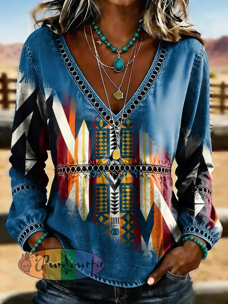 Women’s Retro Western Aztec Print Casual Top