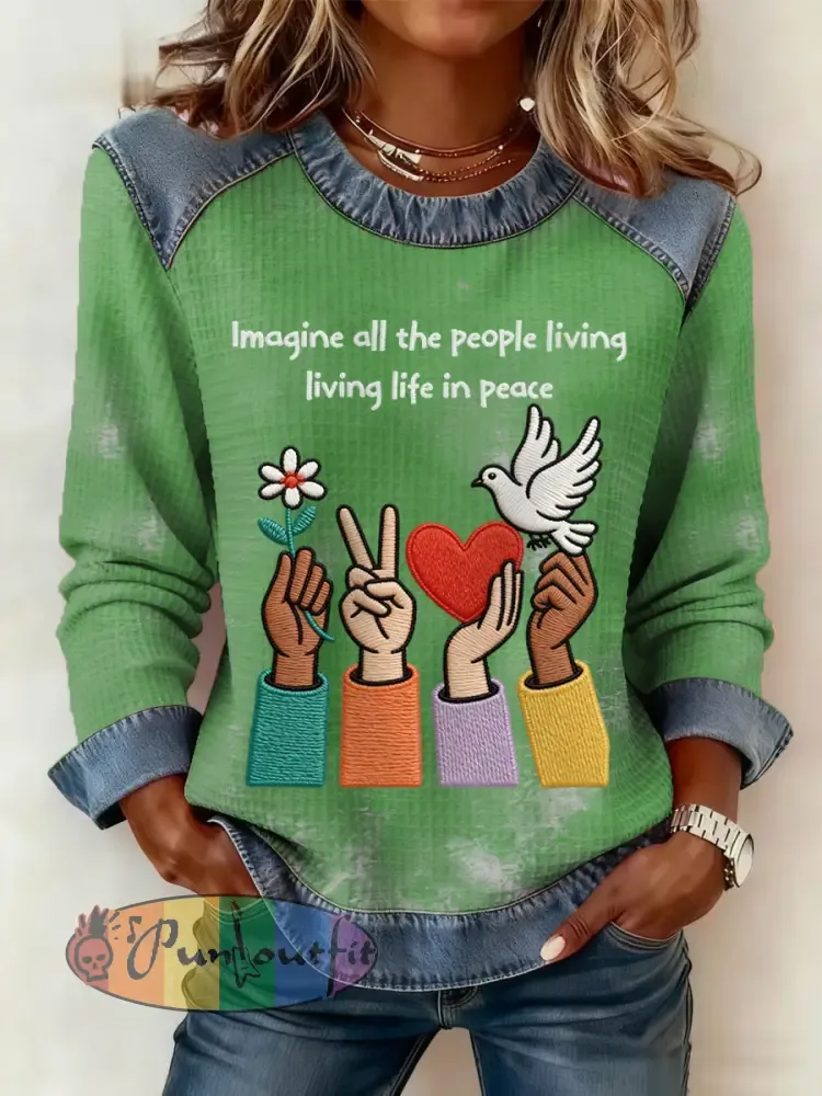 Women’s Imagine All The People Living Life In Peace Print Denim Patchwork Top