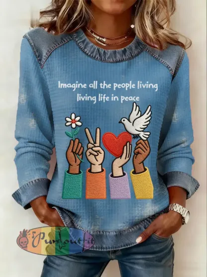 Women’s Imagine All The People Living Life In Peace Print Denim Patchwork Top