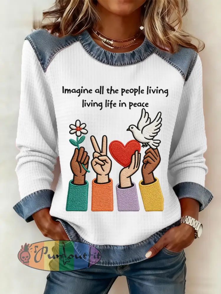 Women’s Imagine All The People Living Life In Peace Print Denim Patchwork Top