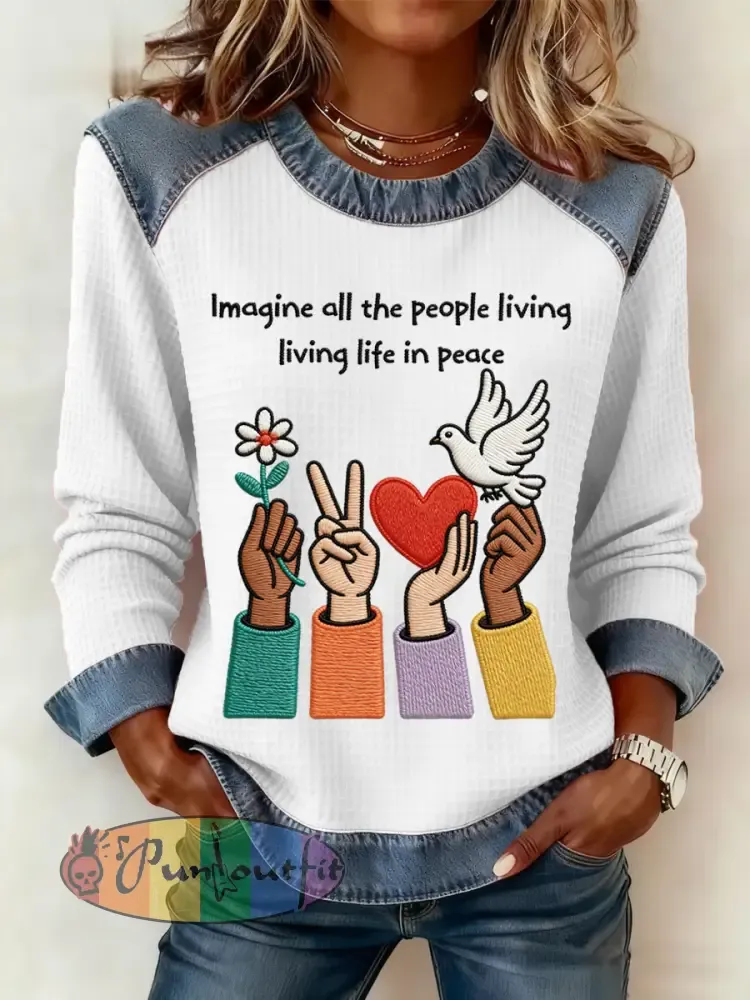 Women’s Imagine All The People Living Life In Peace Print Denim Patchwork Top