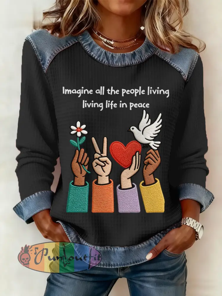 Women’s Imagine All The People Living Life In Peace Print Denim Patchwork Top