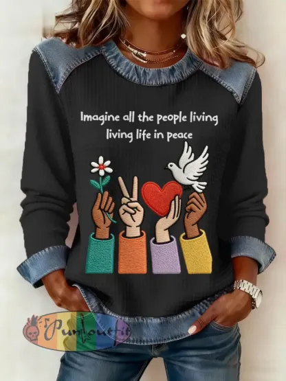 Women’s Imagine All The People Living Life In Peace Print Denim Patchwork Top