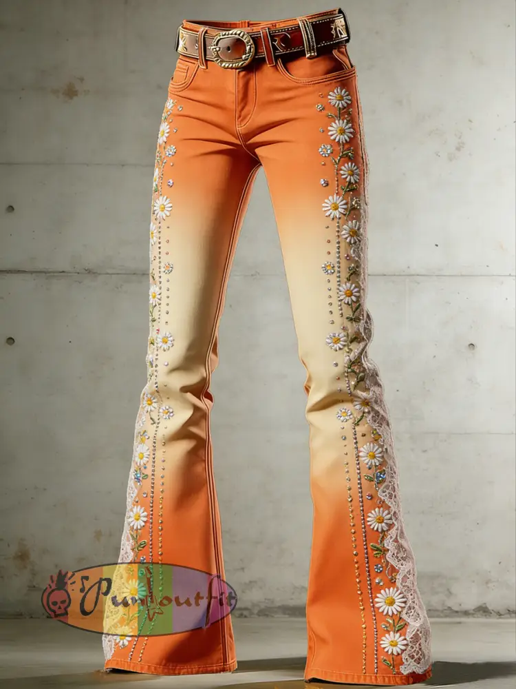 Women’s Flower Art Print Flared Trousers