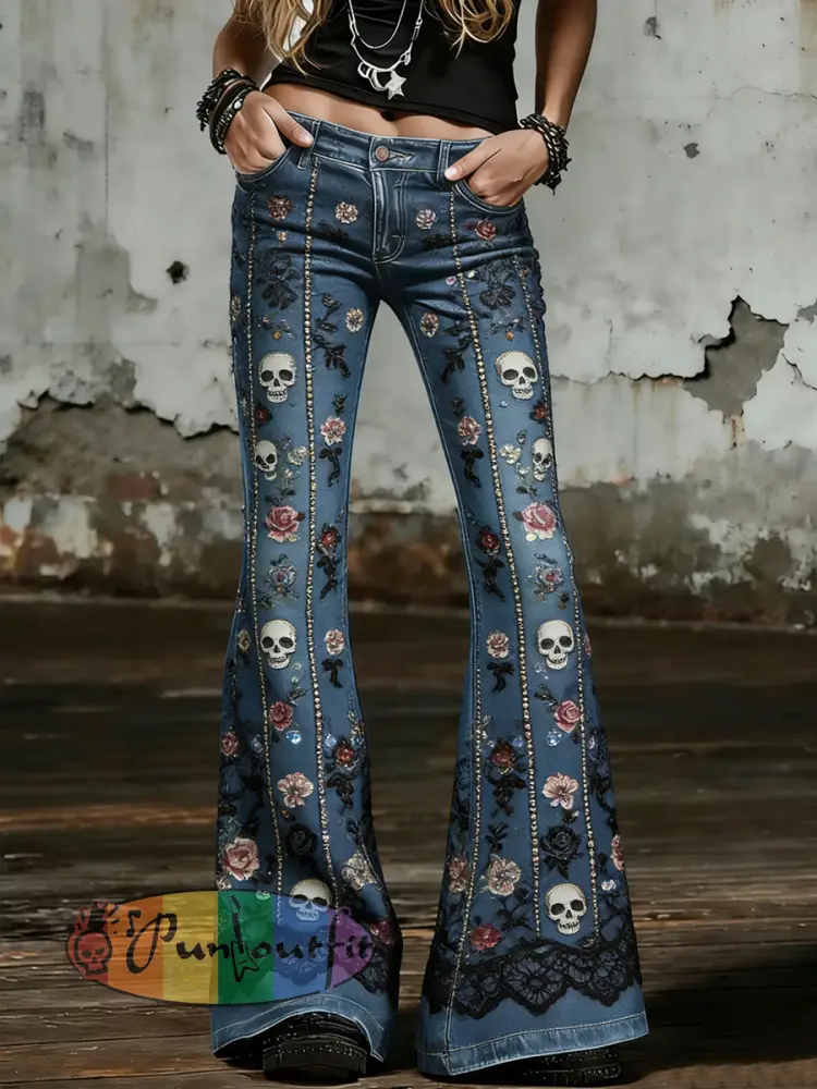 Women’s Gothic Skull Art Print Flared Trousers