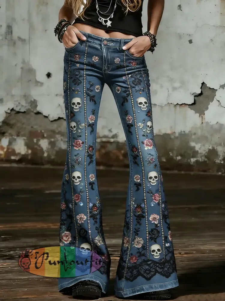 Women’s Gothic Skull Art Print Flared Trousers
