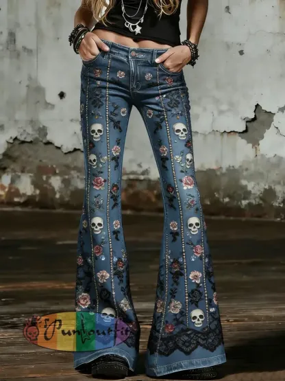 Women’s Gothic Skull Art Print Flared Trousers