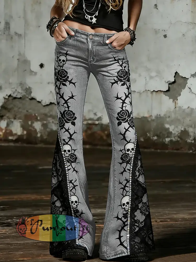 Women’s Gothic Skull Art Print Flared Trousers