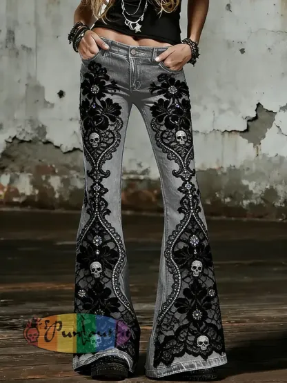 Women’s Gothic Skull Art Print Flared Trousers