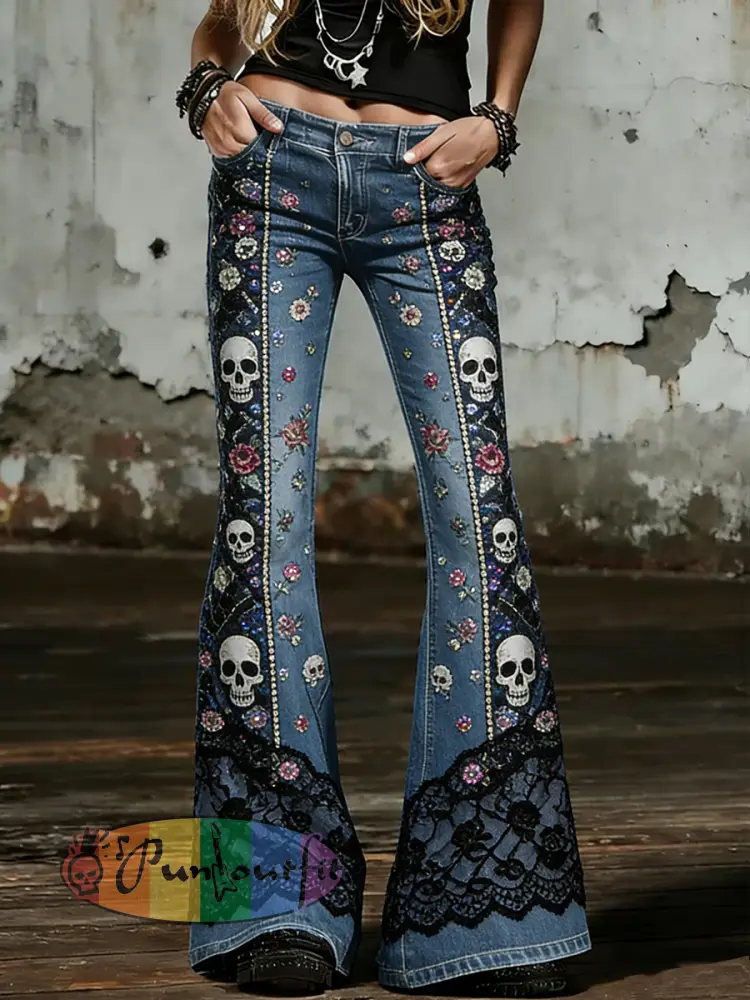 Women’s Gothic Skull Art Print Flared Trousers