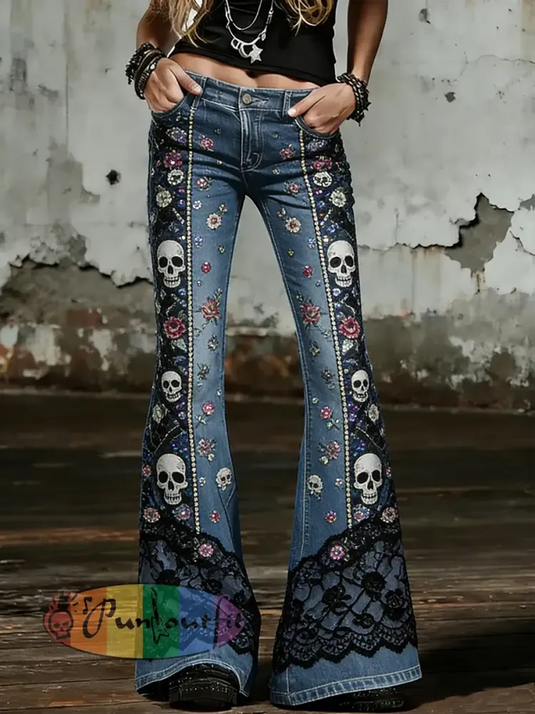 Women’s Gothic Skull Art Print Flared Trousers