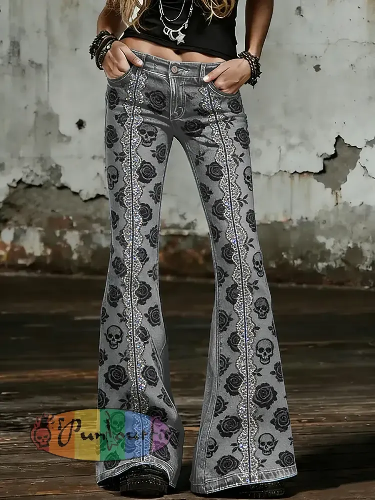 Women’s Gothic Skull Art Print Flared Trousers