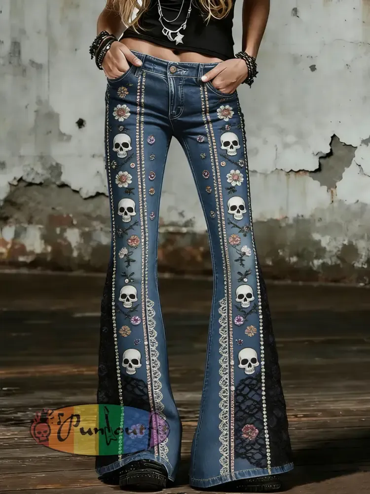 Women’s Gothic Skull Art Print Flared Trousers