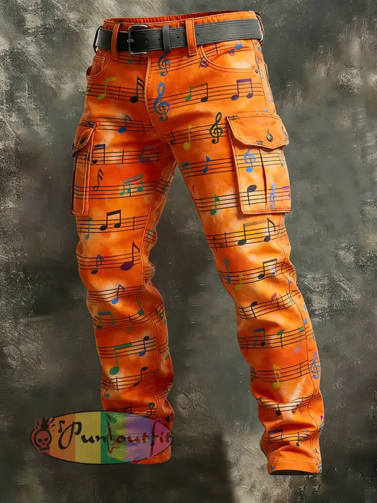 Men’s Retro Vacation Business Music Art Print Casual Workwear Trousers