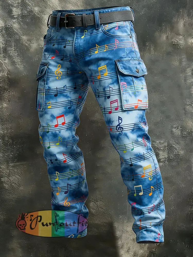 Men’s Retro Vacation Business Music Art Print Casual Workwear Trousers