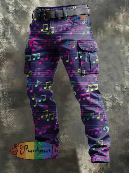 Men’s Retro Vacation Business Music Art Print Casual Workwear Trousers