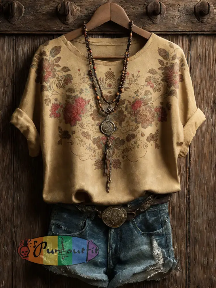 Women’s Vintage Western Plants Flowers Printed T-shirt
