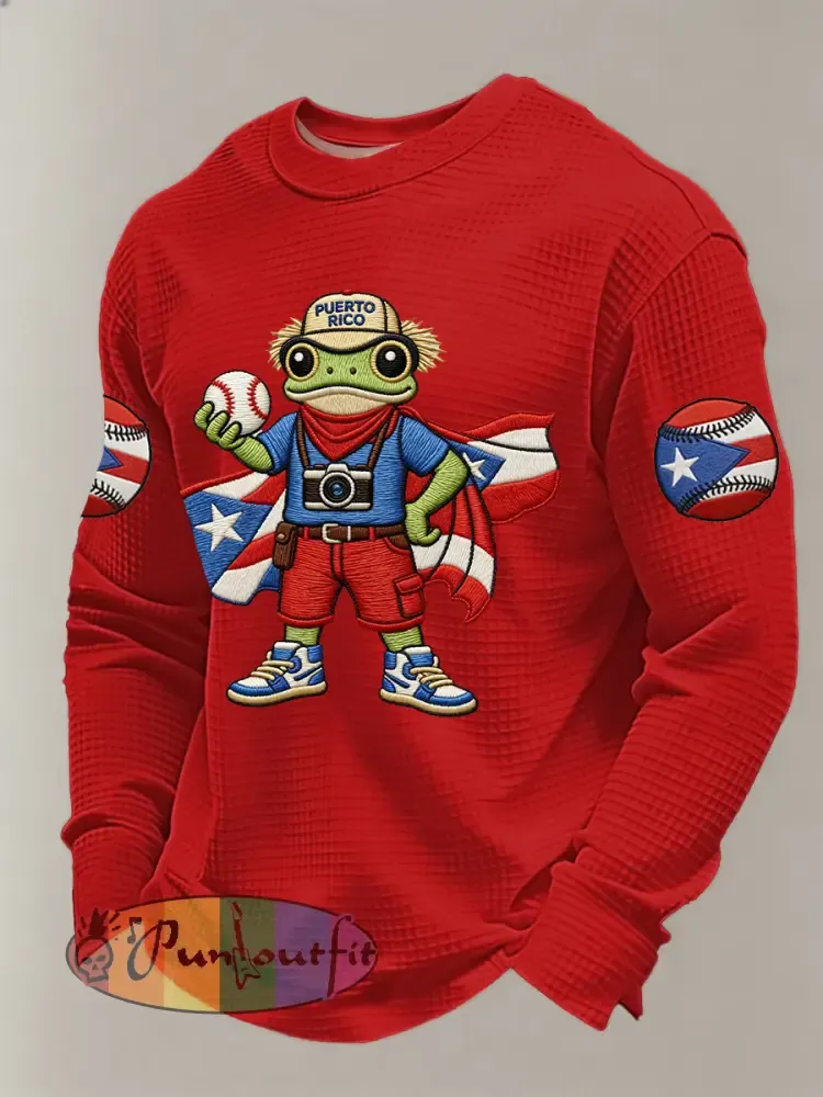 Men’s Puerto Rico Baseball Print Casual Waffle Sweatshirt