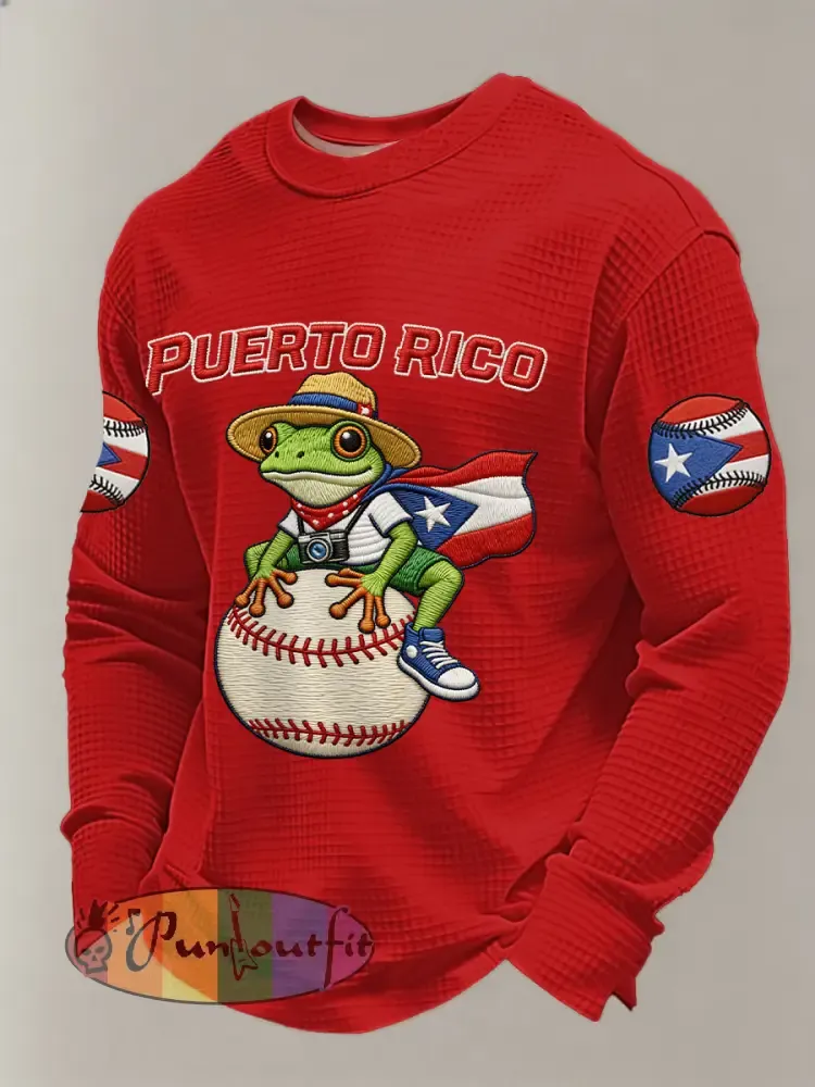 Men’s Puerto Rico Baseball Print Casual Waffle Sweatshirt