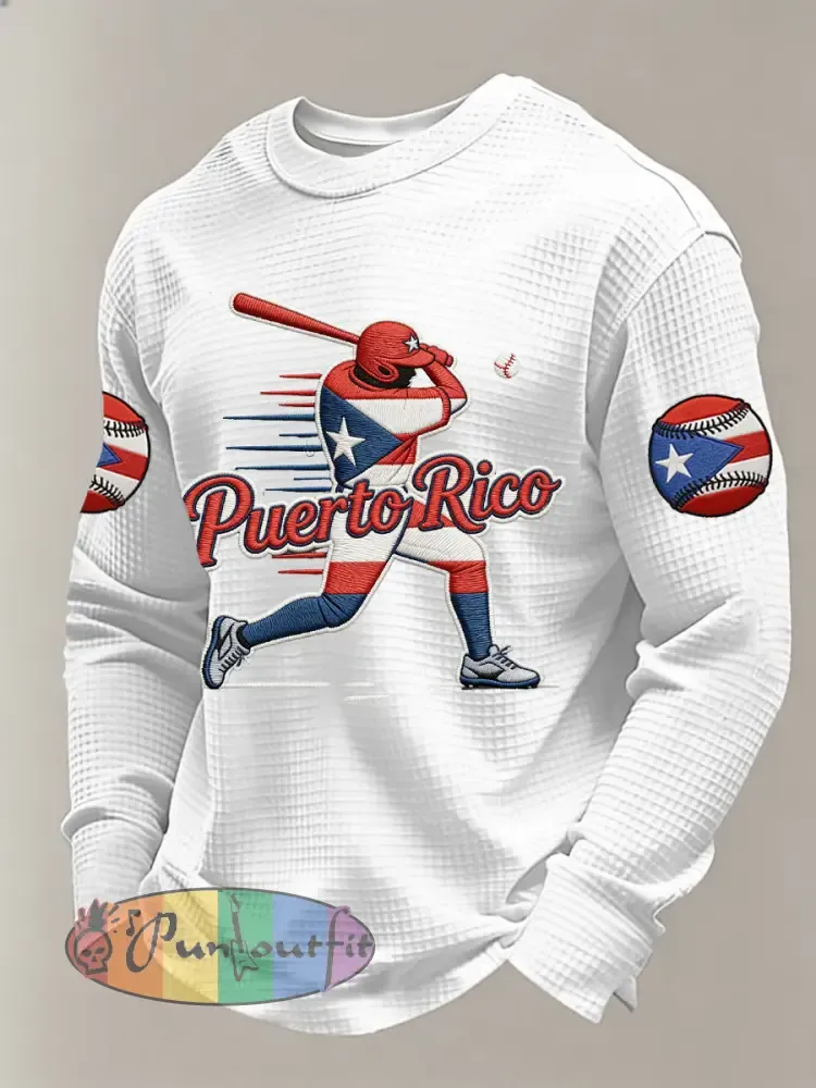 Men’s Puerto Rico Baseball Print Casual Waffle Sweatshirt