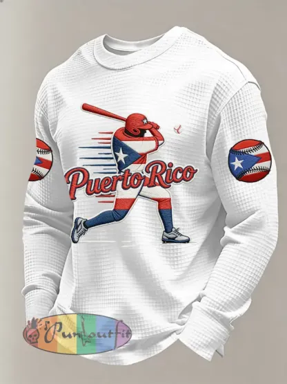 Men’s Puerto Rico Baseball Print Casual Waffle Sweatshirt