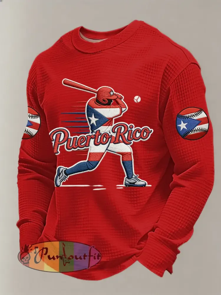 Men’s Puerto Rico Baseball Print Casual Waffle Sweatshirt