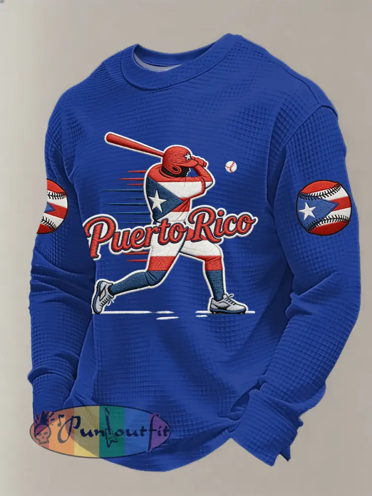 Men’s Puerto Rico Baseball Print Casual Waffle Sweatshirt