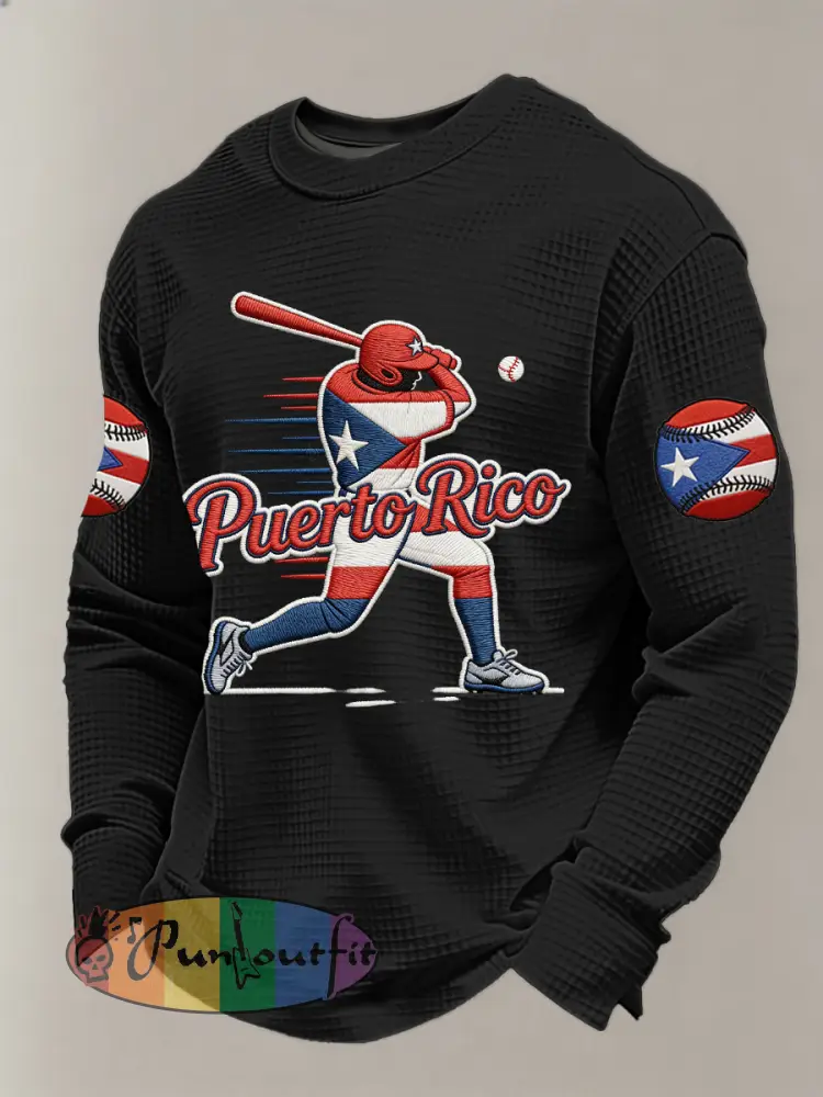 Men’s Puerto Rico Baseball Print Casual Waffle Sweatshirt