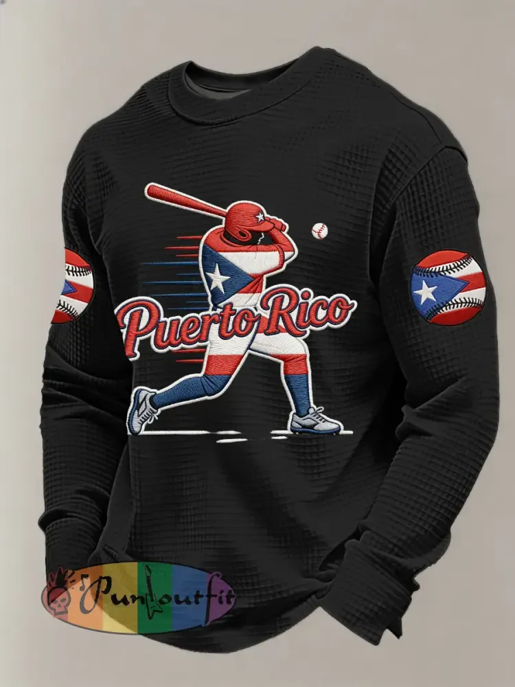 Men’s Puerto Rico Baseball Print Casual Waffle Sweatshirt