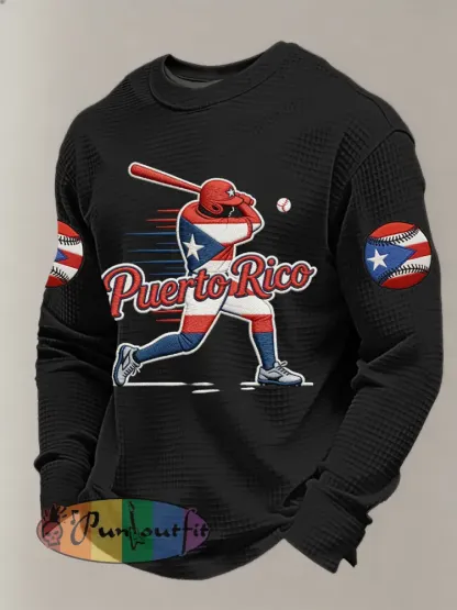 Men’s Puerto Rico Baseball Print Casual Waffle Sweatshirt