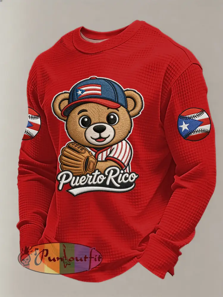 Men’s Puerto Rico Baseball Print Casual Waffle Sweatshirt