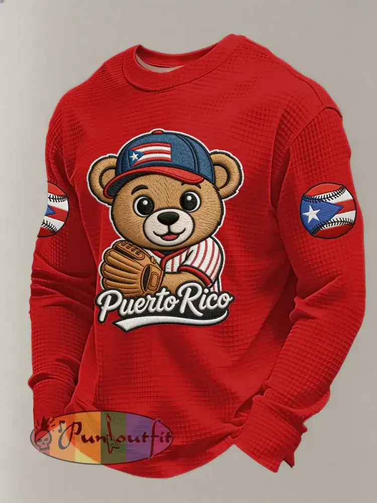 Men’s Puerto Rico Baseball Print Casual Waffle Sweatshirt