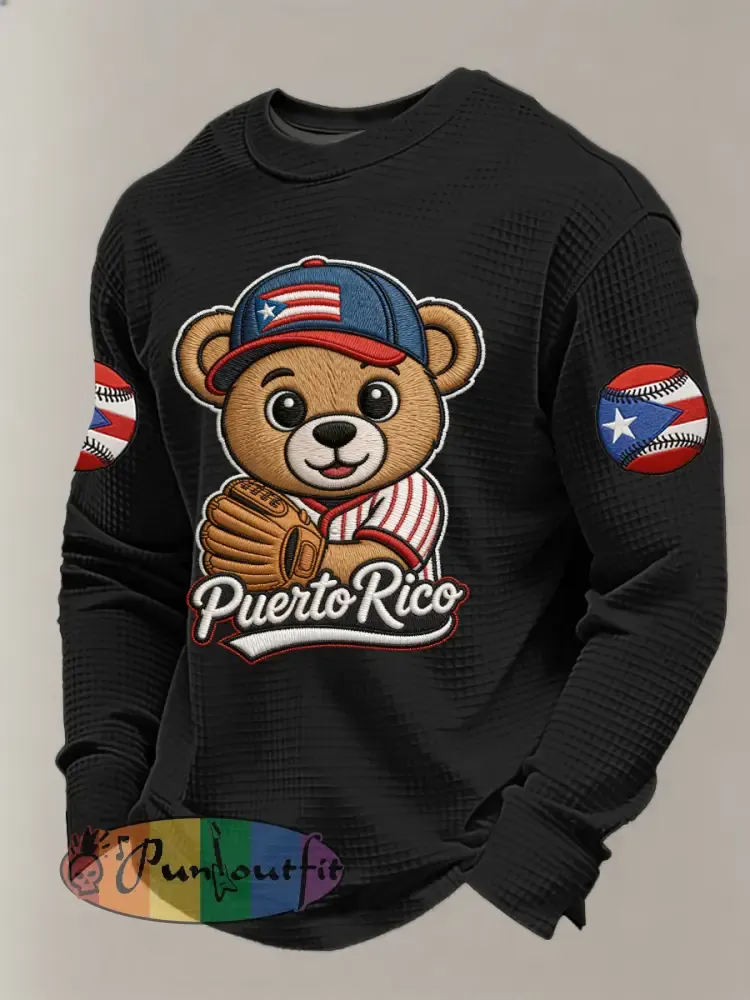 Men’s Puerto Rico Baseball Print Casual Waffle Sweatshirt