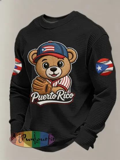 Men’s Puerto Rico Baseball Print Casual Waffle Sweatshirt