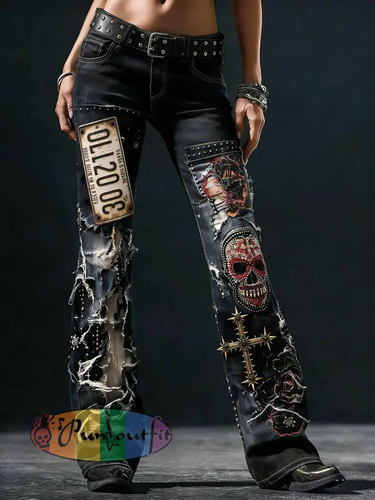 Women’s Vintage Punk Rock Skull Cross Patchwork Print Comfortable Pants