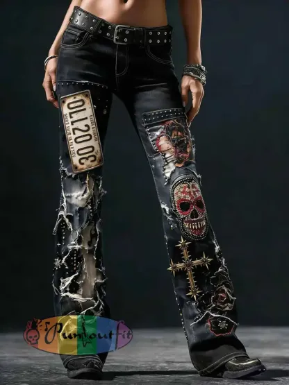 Women’s Vintage Punk Rock Skull Cross Patchwork Print Comfortable Pants