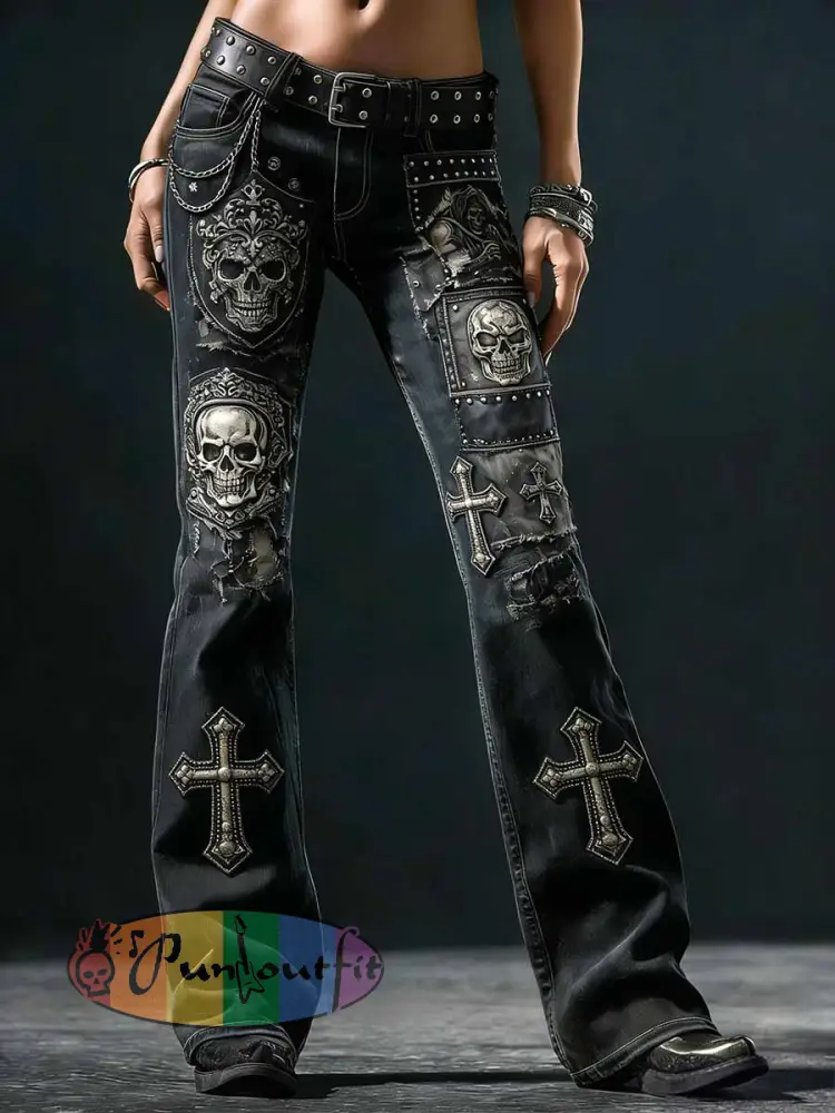 Women’s Vintage Punk Rock Skull Cross Patchwork Print Comfortable Pants