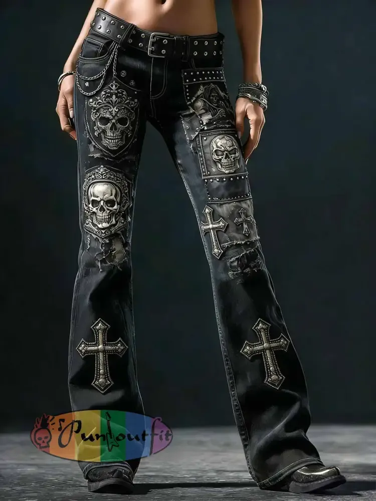 Women’s Vintage Punk Rock Skull Cross Patchwork Print Comfortable Pants