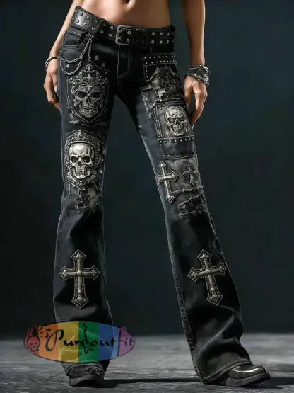 Women’s Vintage Punk Rock Skull Cross Patchwork Print Comfortable Pants