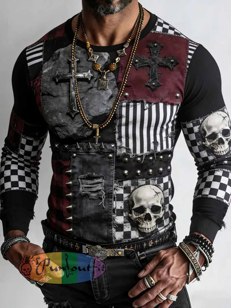 Men’s Retro Punk Style Skull Cross Patchwork Printed Comfortable Sweatshirt