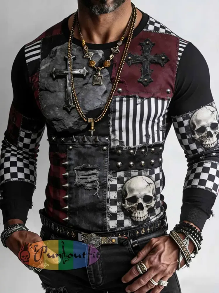 Men’s Retro Punk Style Skull Cross Patchwork Printed Comfortable Sweatshirt
