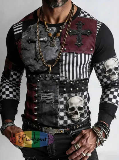 Men’s Retro Punk Style Skull Cross Patchwork Printed Comfortable Sweatshirt