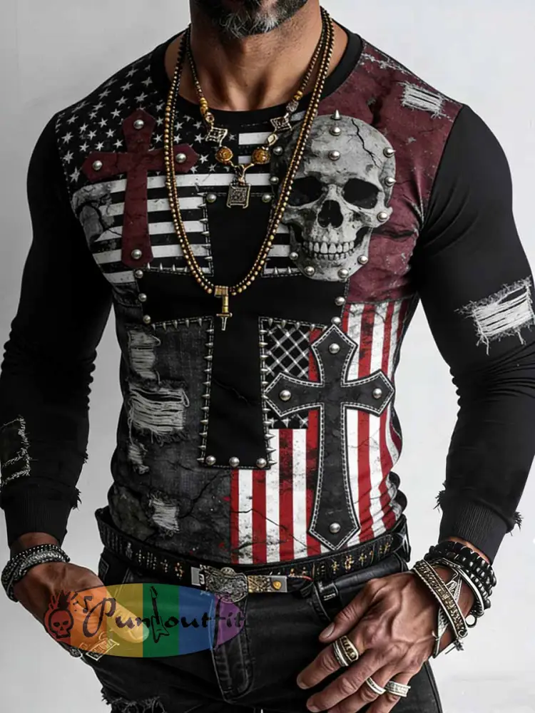 Men’s Retro Punk Style Skull Cross Patchwork Printed Comfortable Sweatshirt