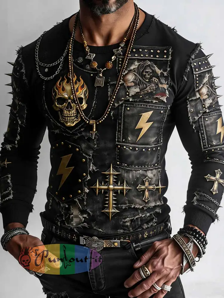 Men’s Retro Punk Style Skull Cross Patchwork Printed Comfortable Sweatshirt