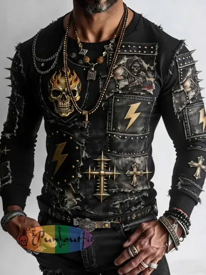 Men’s Retro Punk Style Skull Cross Patchwork Printed Comfortable Sweatshirt